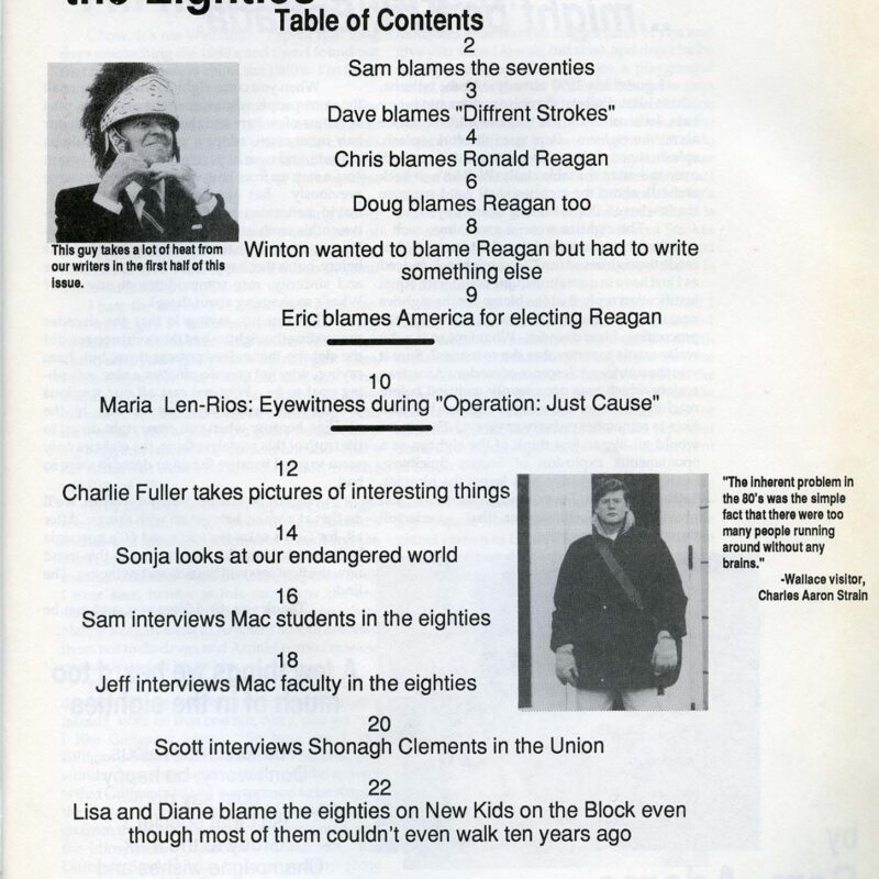 Focal Point Examines: the Eighties; Blamefest '90 Table of Contents page, Winter 1990